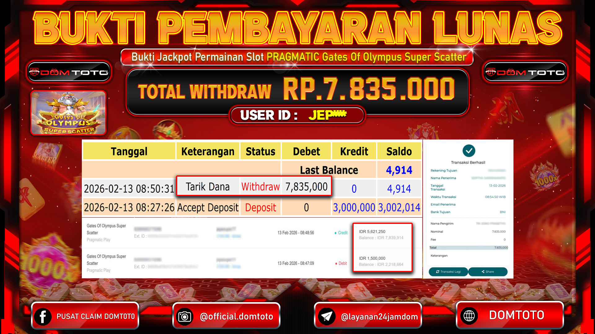 JACKPOT SLOT Menang Slot Gates Of Olympus Super Scatter Pragmatic Play 13 FEBRUARI 2026